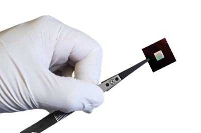 Eine Hand hält einen neuromorphen Demonstrator-Chip des Projekts NEUROTEC II mit einer Pinzette.