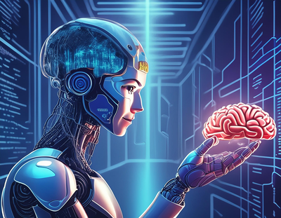 Roboter mit sichtbaren mechanischen Teilen hält ein stilisiertes menschliches Gehirn in der Hand vor einem futuristischen, digital wirkenden Hintergrund