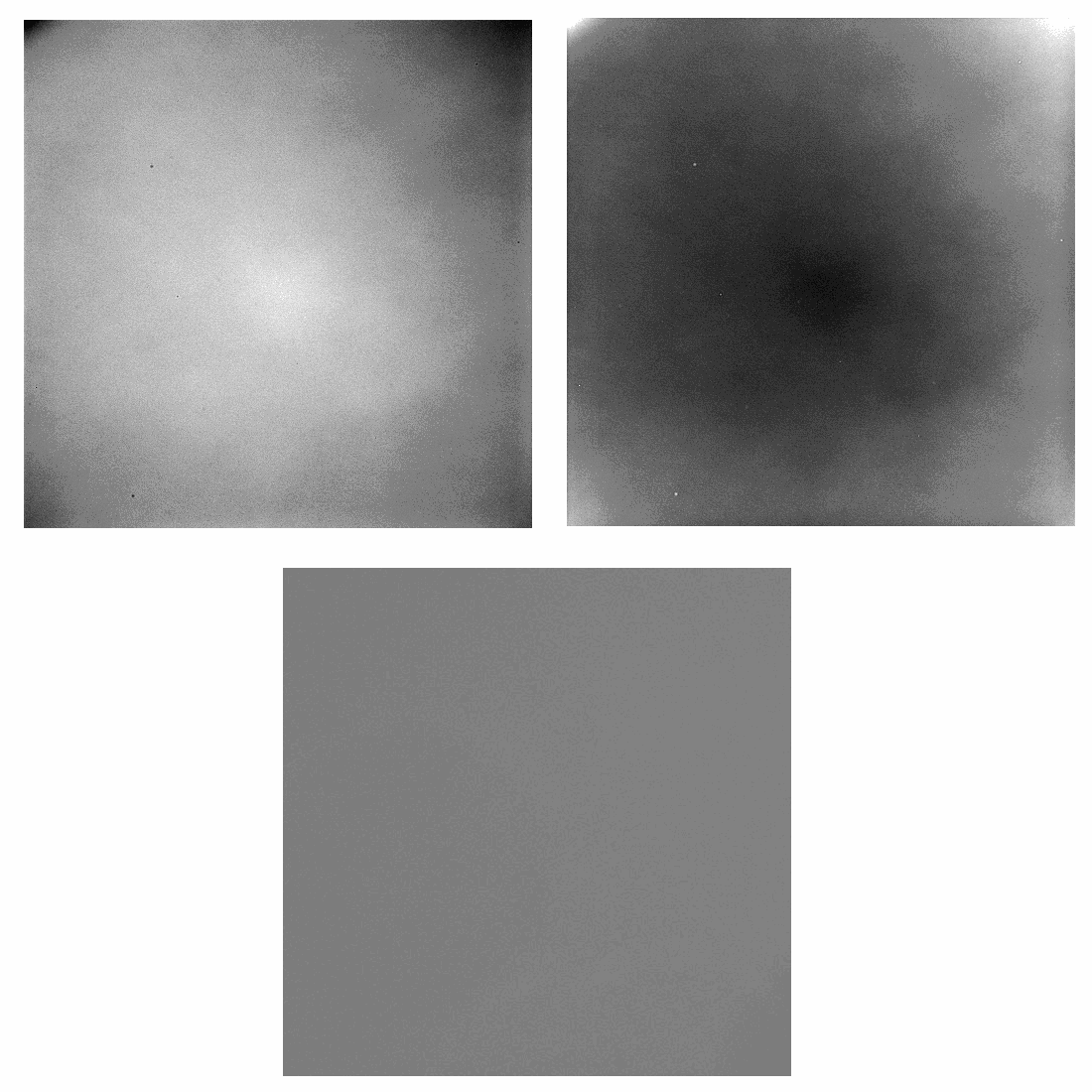 Figure 1: The image on the top left  depicts the uneven illumination typically seen in a flat-field image.  Calibration of this image with the calibration matrix, i.e., the image  on the top right, results in the image at the bottom, which is evenly illuminated.