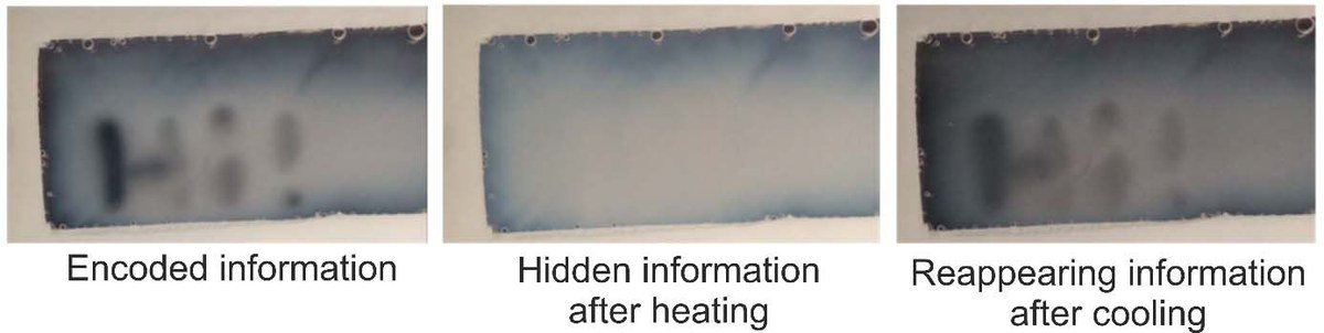 Unusual invisible remanence of the encoded information ‘Hi!’. The information is written in the bistability region at a certain temperature, becomes invisible after heating, and surprisingly reappears after cooling back to the initial temperature.